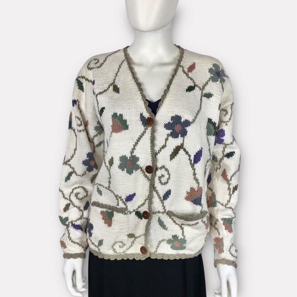 Nomadic Traders Handknit Cardigan White Blue Floral Cottagecore Sweater S/M